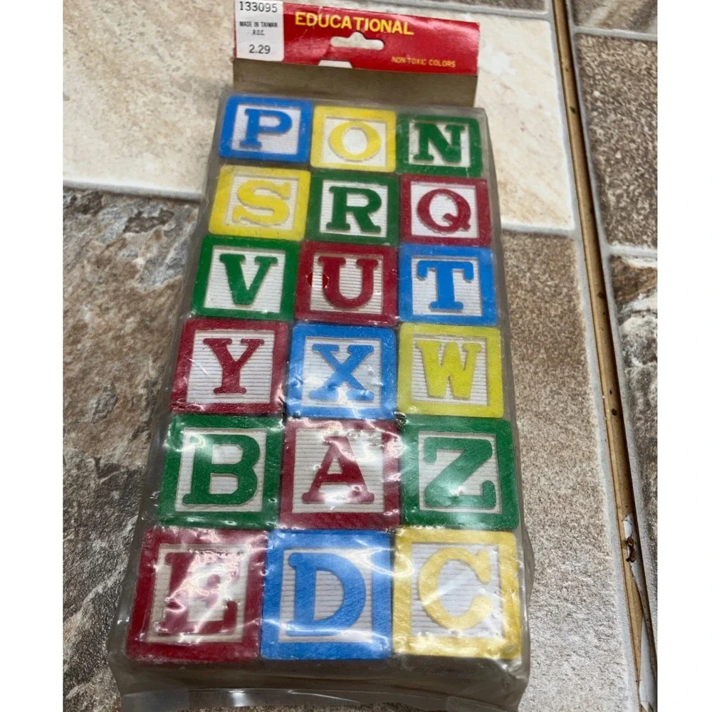 Vintage Wooden Alphabet Blocks Set 18pc Sealed New Embossed Letters Numbers